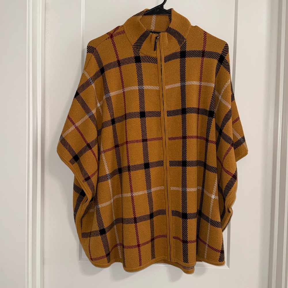 Tahari Women's Yellow, Black and Burgundy Zip Up Poncho S/M Sweater NWOT